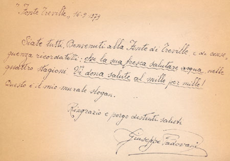 Invito alla Fonte di Treville, scritto su cartoncino
dal "mitico" custode Giuseppe Padovani nel 1979 (collezione A. Frixa)